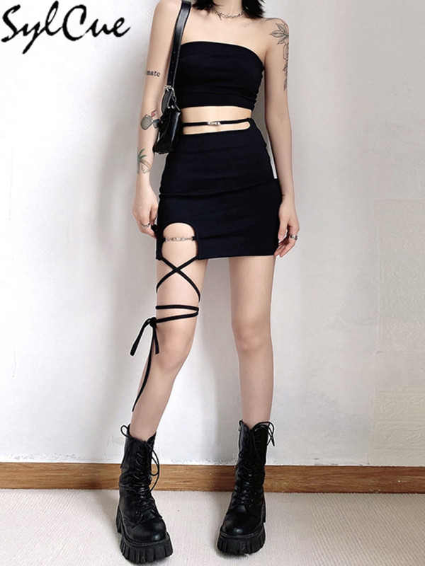 Sylcue Personalitate Cool Trend Simplu Negru Misterios Sexy Hot Elastic mare stramt Femei Tricotate Fusta scurta Fata