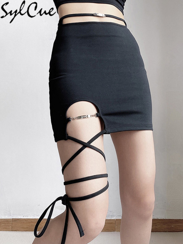 Sylcue Personalitate Cool Trend Simplu Negru Misterios Sexy Hot Elastic mare stramt Femei Tricotate Fusta scurta Fata