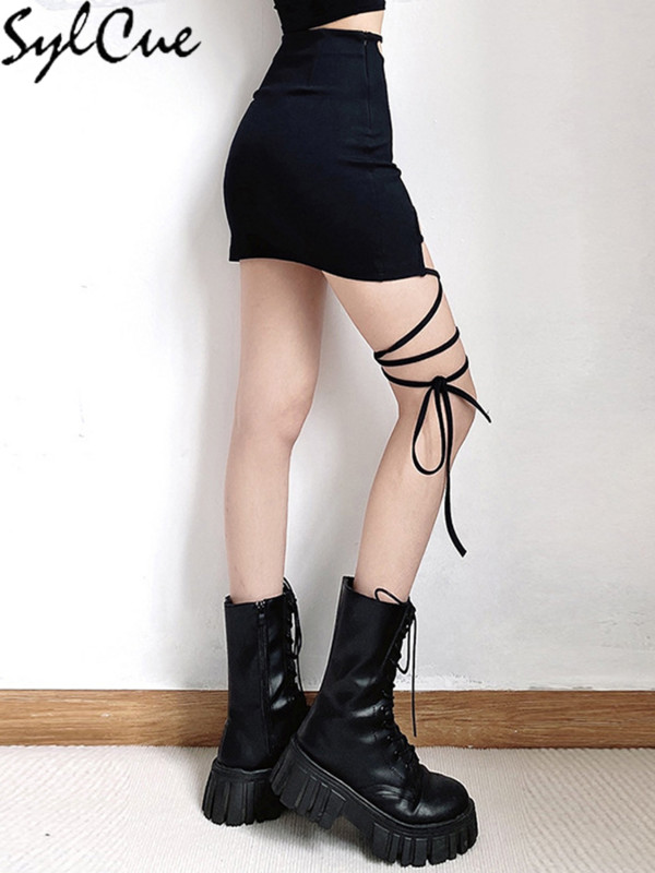 Sylcue Personalitate Cool Trend Simplu Negru Misterios Sexy Hot Elastic mare stramt Femei Tricotate Fusta scurta Fata