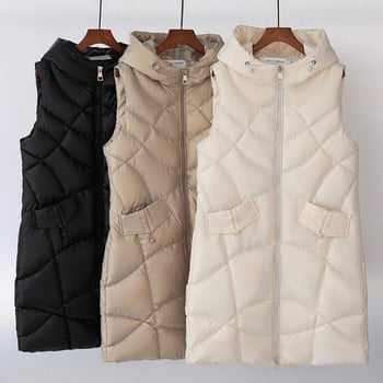 Γυναικείο χειμωνιάτικο γιλέκο με γιακά μεσαίου μήκους Αμάνικο με κουκούλα λεπτή εφαρμογή Keep ζεστό Χειμερινό βαμβακερό παλτό με φερμουάρ