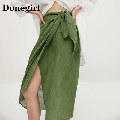 Donegirl 2023 Дамска пола Зелена ленена памучна миди пола Vintage Ladies High Waist Faldas Mujer boho ubrania y2k аксесоари