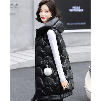 Moda coreeană Streetwear Jachetă lungă cu glugă, toamnă iarnă, groasă, caldă, fără mâneci, căptușită cu bumbac, parka lejeră