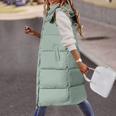 Ženski dugi prsluci Topla 2023., zimska majica s kapuljačom bez rukava i kravatom s dugmadima Široki gornji kaputi Ženski jednobojni prsluci s kaputom