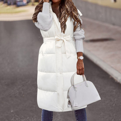 Ženski dugi prsluci Topla 2023., zimska majica s kapuljačom bez rukava i kravatom s dugmadima Široki gornji kaputi Ženski jednobojni prsluci s kaputom