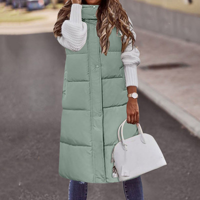 Ženski dugi prsluci Topla 2023., zimska majica s kapuljačom bez rukava i kravatom s dugmadima Široki gornji kaputi Ženski jednobojni prsluci s kaputom