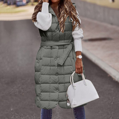 Ženski dugi prsluci Topla 2023., zimska majica s kapuljačom bez rukava i kravatom s dugmadima Široki gornji kaputi Ženski jednobojni prsluci s kaputom