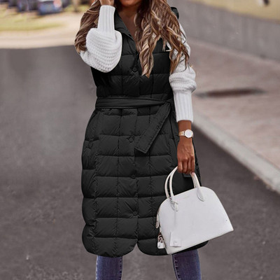 Ženski dugi prsluci Topla 2023., zimska majica s kapuljačom bez rukava i kravatom s dugmadima Široki gornji kaputi Ženski jednobojni prsluci s kaputom