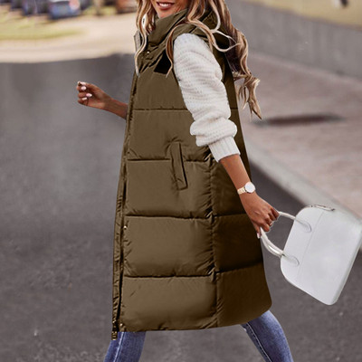 Ženski dugi prsluci Topla 2023., zimska majica s kapuljačom bez rukava i kravatom s dugmadima Široki gornji kaputi Ženski jednobojni prsluci s kaputom