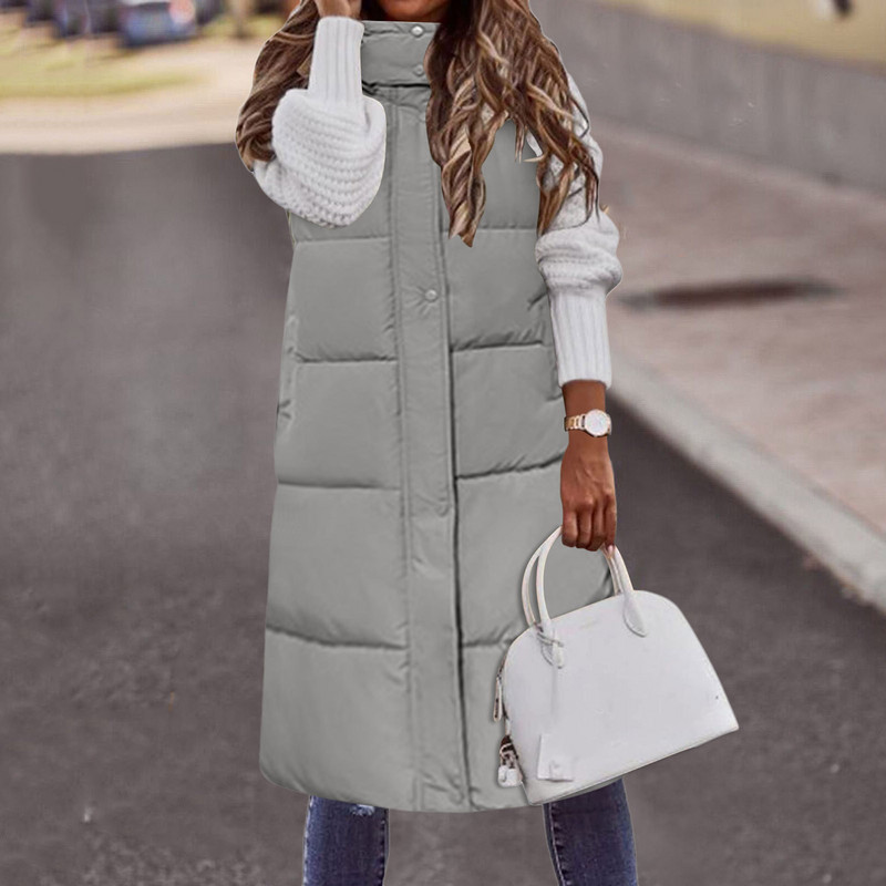 Ženski dugi prsluci Topla 2023., zimska majica s kapuljačom bez rukava i kravatom s dugmadima Široki gornji kaputi Ženski jednobojni prsluci s kaputom