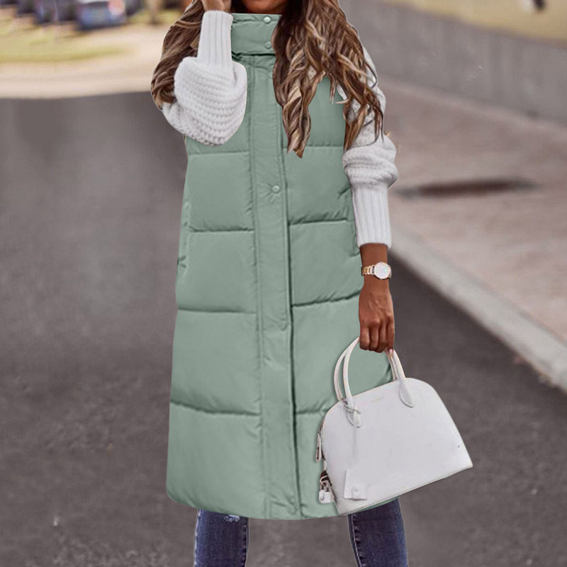 Ženski dugi prsluci Topla 2023., zimska majica s kapuljačom bez rukava i kravatom s dugmadima Široki gornji kaputi Ženski jednobojni prsluci s kaputom