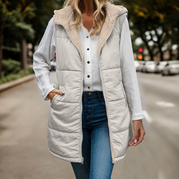 Φθινοπωρινό χειμερινό γυναικείο φλις γιλέκο βαμβακερό παλτό με κουκούλα μονόχρωμο αμάνικο φερμουάρ Streetwear αναστρέψιμα μπουφάν με μεσαίο μήκος