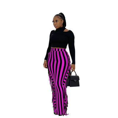 CM.YAYA Ženske prugaste midi maksi suknje visokog struka s kićankama sa strane, seksi pripijene midi maksi suknje Elegantna osnovna ženska duga pencil suknja