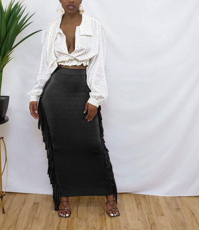 CM.YAYA Ženske prugaste midi maksi suknje visokog struka s kićankama sa strane, seksi pripijene midi maksi suknje Elegantna osnovna ženska duga pencil suknja