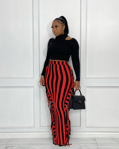 CM.YAYA Ženske prugaste midi maksi suknje visokog struka s kićankama sa strane, seksi pripijene midi maksi suknje Elegantna osnovna ženska duga pencil suknja