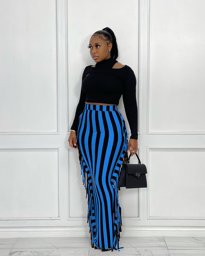 CM.YAYA Ženske prugaste midi maksi suknje visokog struka s kićankama sa strane, seksi pripijene midi maksi suknje Elegantna osnovna ženska duga pencil suknja