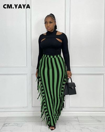 CM.YAYA Ženske prugaste midi maksi suknje visokog struka s kićankama sa strane, seksi pripijene midi maksi suknje Elegantna osnovna ženska duga pencil suknja