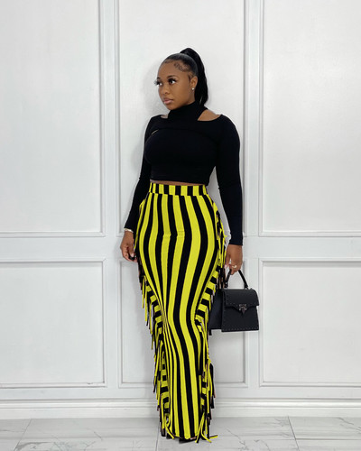 CM.YAYA Ženske prugaste midi maksi suknje visokog struka s kićankama sa strane, seksi pripijene midi maksi suknje Elegantna osnovna ženska duga pencil suknja