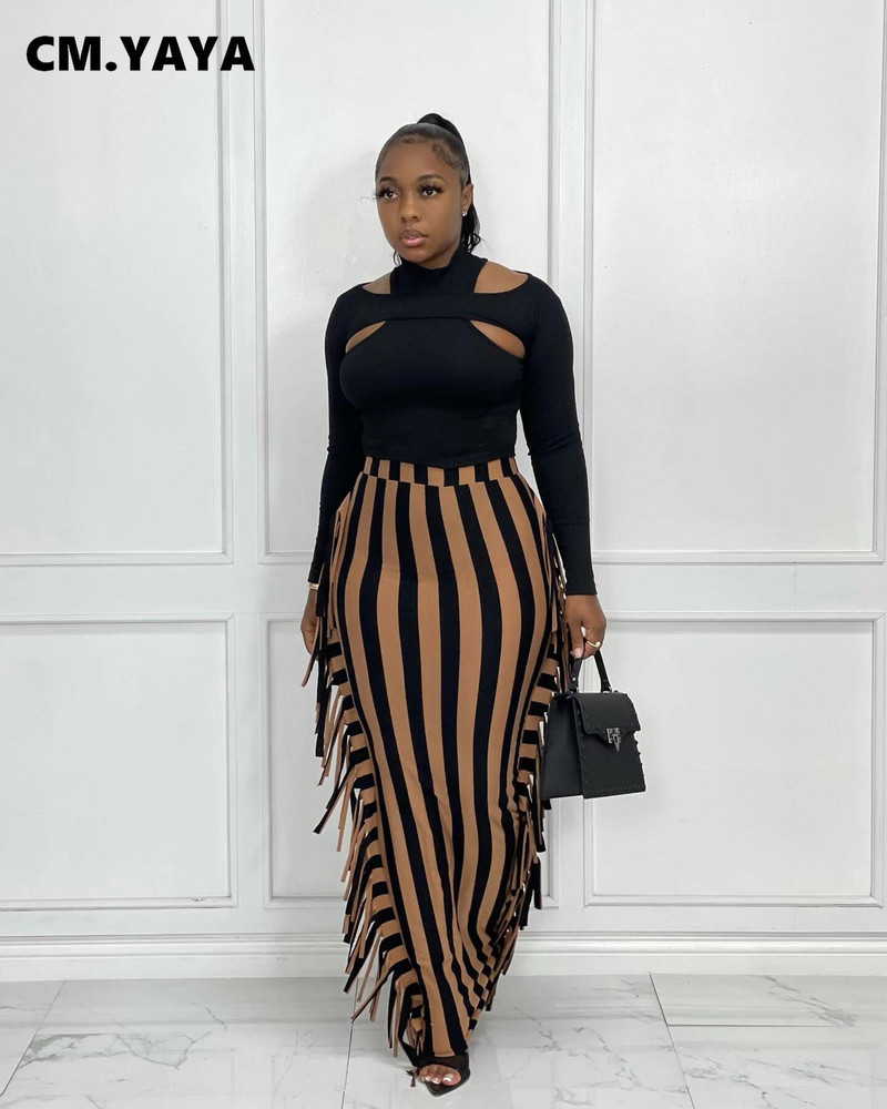 CM.YAYA Ženske prugaste midi maksi suknje visokog struka s kićankama sa strane, seksi pripijene midi maksi suknje Elegantna osnovna ženska duga pencil suknja
