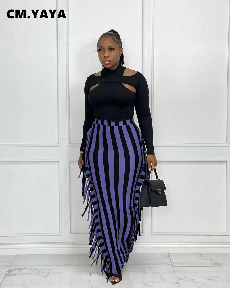 CM.YAYA Ženske prugaste midi maksi suknje visokog struka s kićankama sa strane, seksi pripijene midi maksi suknje Elegantna osnovna ženska duga pencil suknja