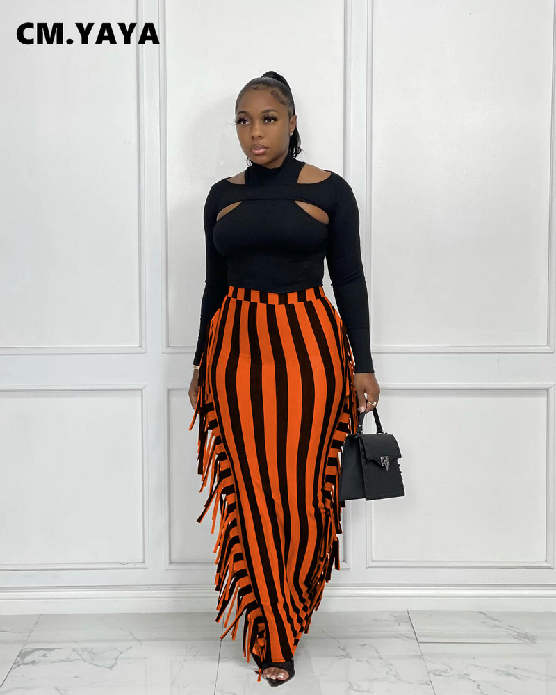CM.YAYA Ženske prugaste midi maksi suknje visokog struka s kićankama sa strane, seksi pripijene midi maksi suknje Elegantna osnovna ženska duga pencil suknja