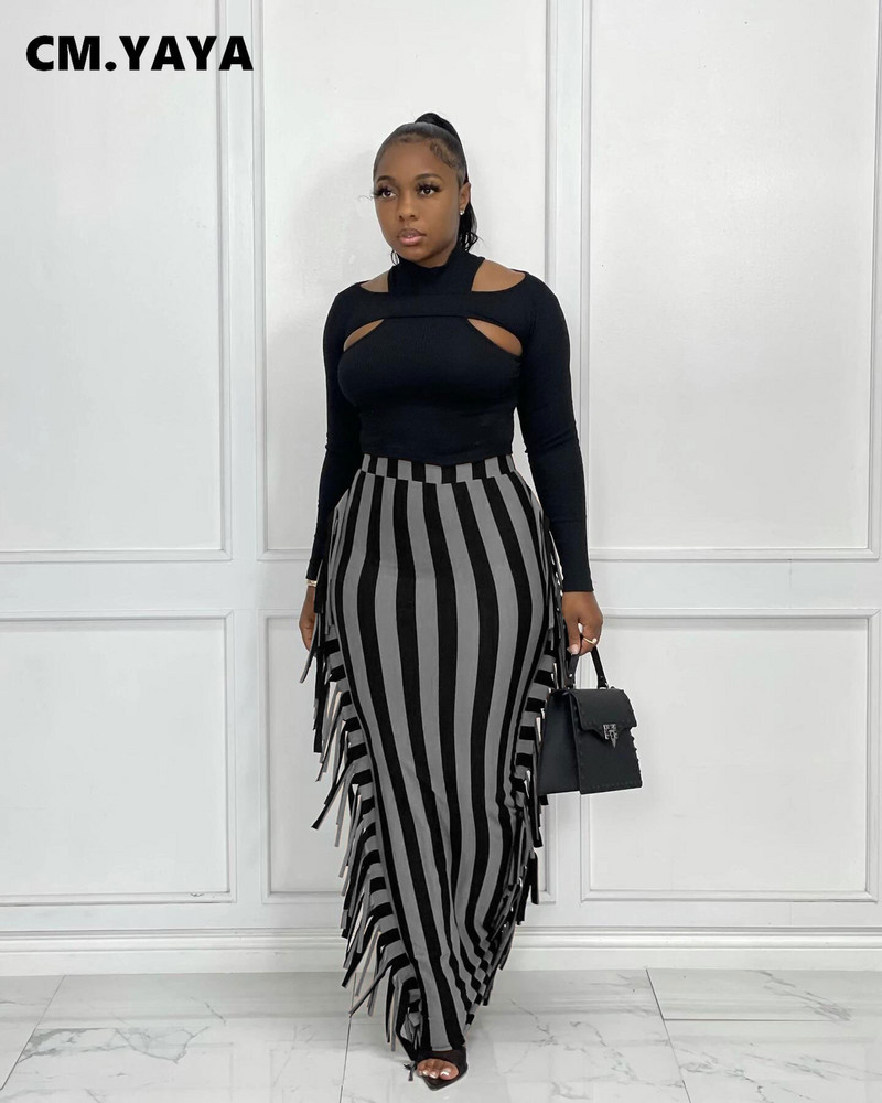 CM.YAYA Ženske prugaste midi maksi suknje visokog struka s kićankama sa strane, seksi pripijene midi maksi suknje Elegantna osnovna ženska duga pencil suknja