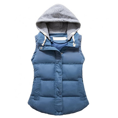 Vestă cu fermoar vestă caldă de iarnă femei cu glugă fără mâneci toamnă buzunar detașabil cu nasturi în jos Feminina chalecos