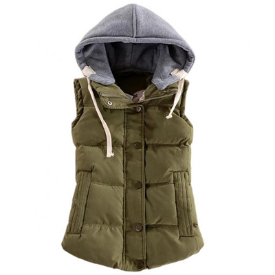 Vestă cu fermoar vestă caldă de iarnă femei cu glugă fără mâneci toamnă buzunar detașabil cu nasturi în jos Feminina chalecos