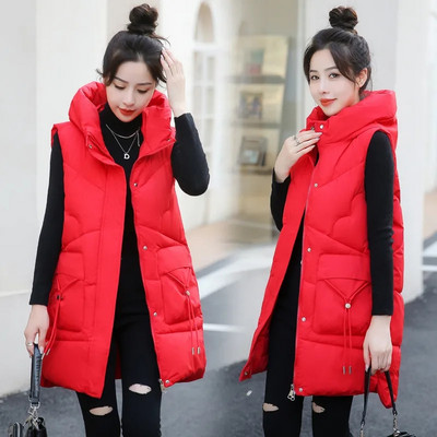 Culoare solidă, simplu, fără mâneci, guler, îmbrăcăminte supradimensionată, de iarnă, groasă, caldă, căptușită din bumbac, haină lungă, vestă, jachetă pufă casual