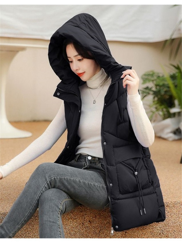 Culoare solidă, simplu, fără mâneci, guler, îmbrăcăminte supradimensionată, de iarnă, groasă, caldă, căptușită din bumbac, haină lungă, vestă, jachetă pufă casual