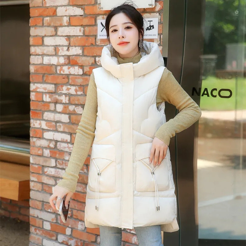 Culoare solidă, simplu, fără mâneci, guler, îmbrăcăminte supradimensionată, de iarnă, groasă, caldă, căptușită din bumbac, haină lungă, vestă, jachetă pufă casual