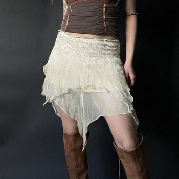 Darlingaga Fairycore Y2K Boho Frill Διχτυωτή φούστα με χαμηλή μέση Γυναικεία Vintage ρούχα Ακανόνιστες καλοκαιρινές μίνι φούστες Lace Trim Vacation