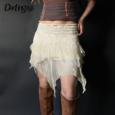 Darlingaga Fairycore Y2K Boho Frill Мрежеста пола с ниска талия Дамски ретро тоалети Нередовни летни мини поли Ваканция с дантела