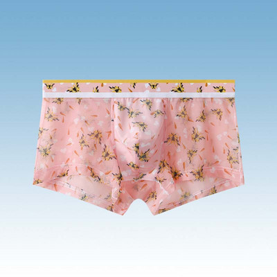 Boxer ultra subțire pentru bărbați, cu imprimeu, lenjerie de corp pentru bărbați din mătase de gheață, plasă, transparentă, sexy, cu talie joasă, boxer pentru bărbați, chiloți pentru tineret de vară