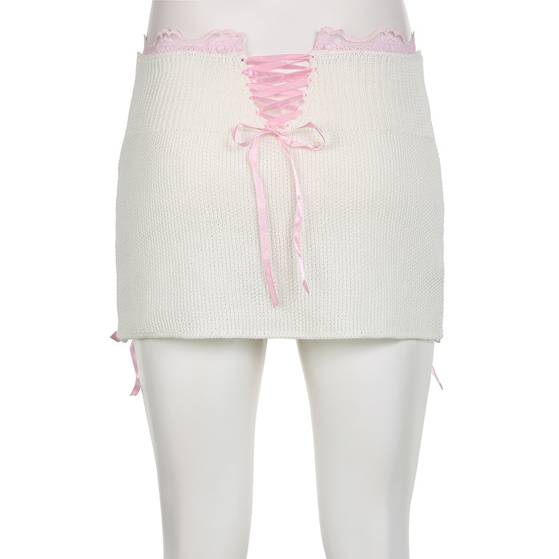 Rapcopter y2k Δαντελένιες πλεκτές μίνι φούστες Γυναικείες φιόγκοι Fairycore Balletcore Pencil φούστες Chic Slim Κορεάτικα καλοκαιρινά κάτω Harajuku New