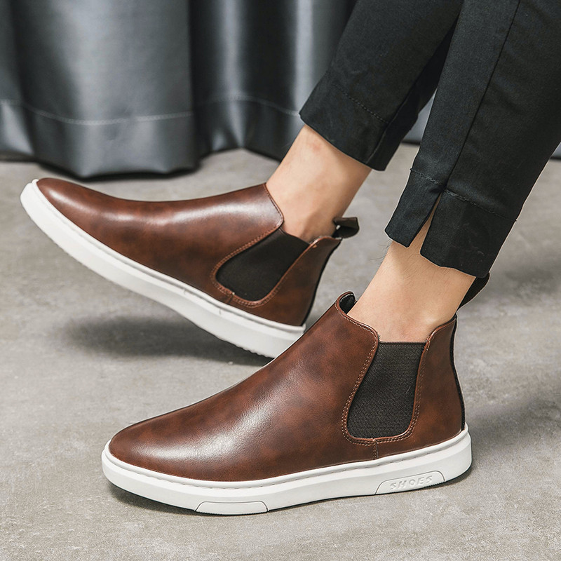 Χειμερινές ανδρικές μπότες Chelsea Μαύρες δερμάτινες μπότες Λευκή σόλα Κοντές μπότες υψηλής ποιότητας Μαλακή σόλα Άνετες ψηλές μπότες μόδας