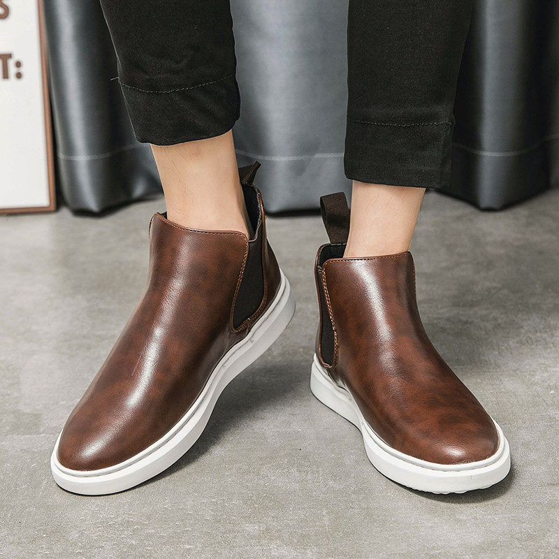 Χειμερινές ανδρικές μπότες Chelsea Μαύρες δερμάτινες μπότες Λευκή σόλα Κοντές μπότες υψηλής ποιότητας Μαλακή σόλα Άνετες ψηλές μπότες μόδας