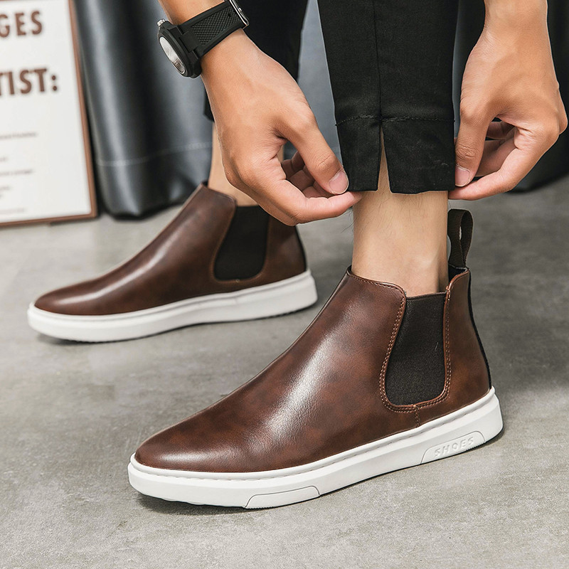 Χειμερινές ανδρικές μπότες Chelsea Μαύρες δερμάτινες μπότες Λευκή σόλα Κοντές μπότες υψηλής ποιότητας Μαλακή σόλα Άνετες ψηλές μπότες μόδας