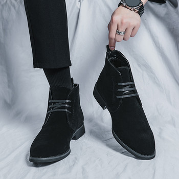 Зимни ботуши плюс кадифени черни мъжки ботуши Chelsea Висококачествени кожени ботуши с връзки Модни каубойски ботуши Големи ботуши с големи размери 38-48
