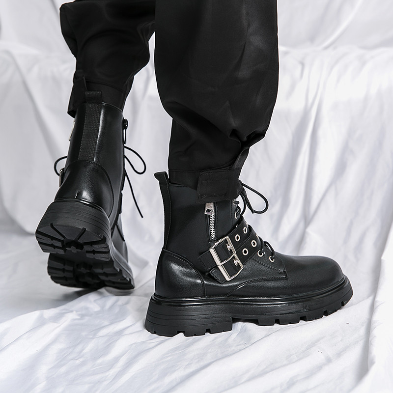 Ιταλικές χειμερινές μπότες μοτοσικλέτας αρσενικές μπότες πανκ Μαύρες μπότες Combat Δερμάτινες μπότες με χοντρό πάτο με στρογγυλή μύτη υψηλής ποιότητας