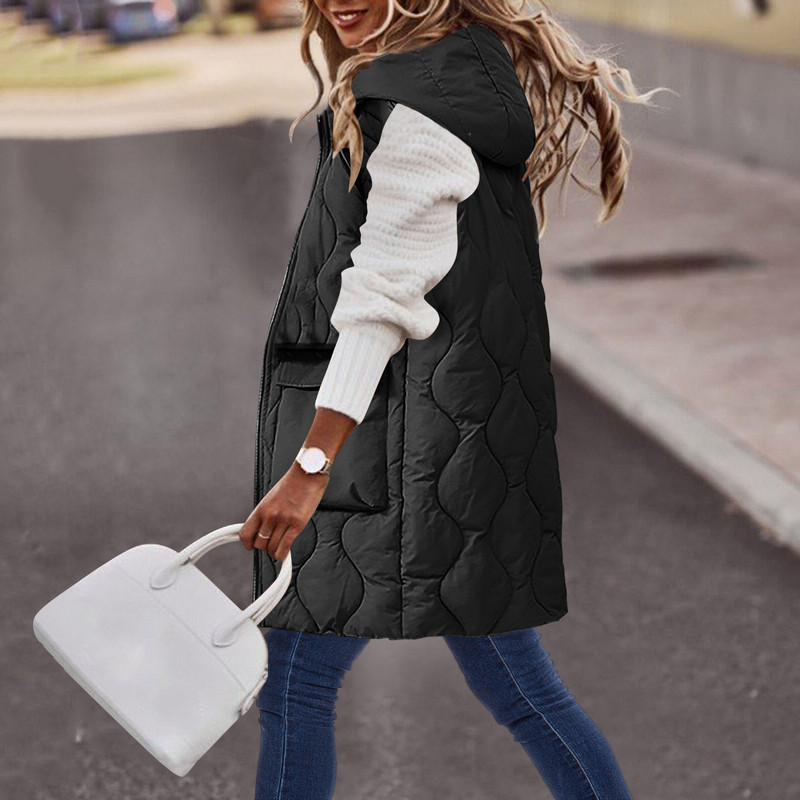 Χειμωνιάτικο ζεστό μεσαίου μήκους γιλέκα Γυναικεία αμάνικα γιλέκα με κουκούλα Παλτό Γυναικεία φαρδιά τσέπες Casual μπουφάν με φερμουάρ Γιλέκο Γυναικείο