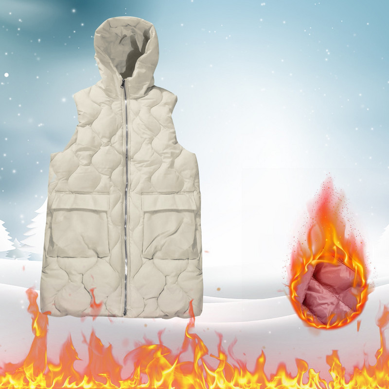 Χειμωνιάτικο ζεστό μεσαίου μήκους γιλέκα Γυναικεία αμάνικα γιλέκα με κουκούλα Παλτό Γυναικεία φαρδιά τσέπες Casual μπουφάν με φερμουάρ Γιλέκο Γυναικείο