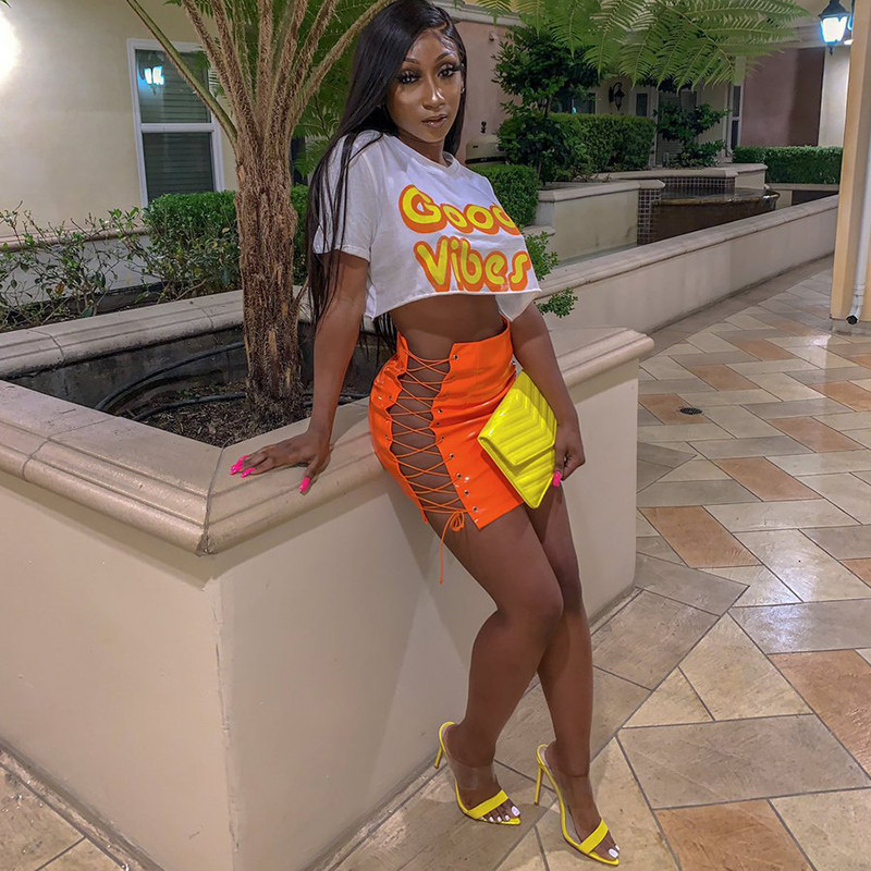 OMSJ 2021 Mini fustă creion sexy pentru femeie cu talie înaltă cu șireturi, verde neon, portocaliu, solid, fuste cu bandaj scobit