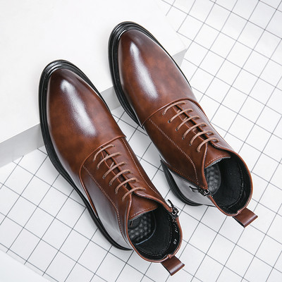 Cizme din piele pentru bărbați, cu fermoar și șireturi