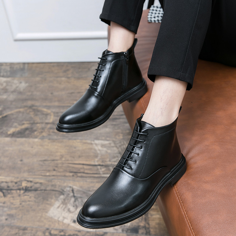 Cizme din piele pentru bărbați, cu fermoar și șireturi