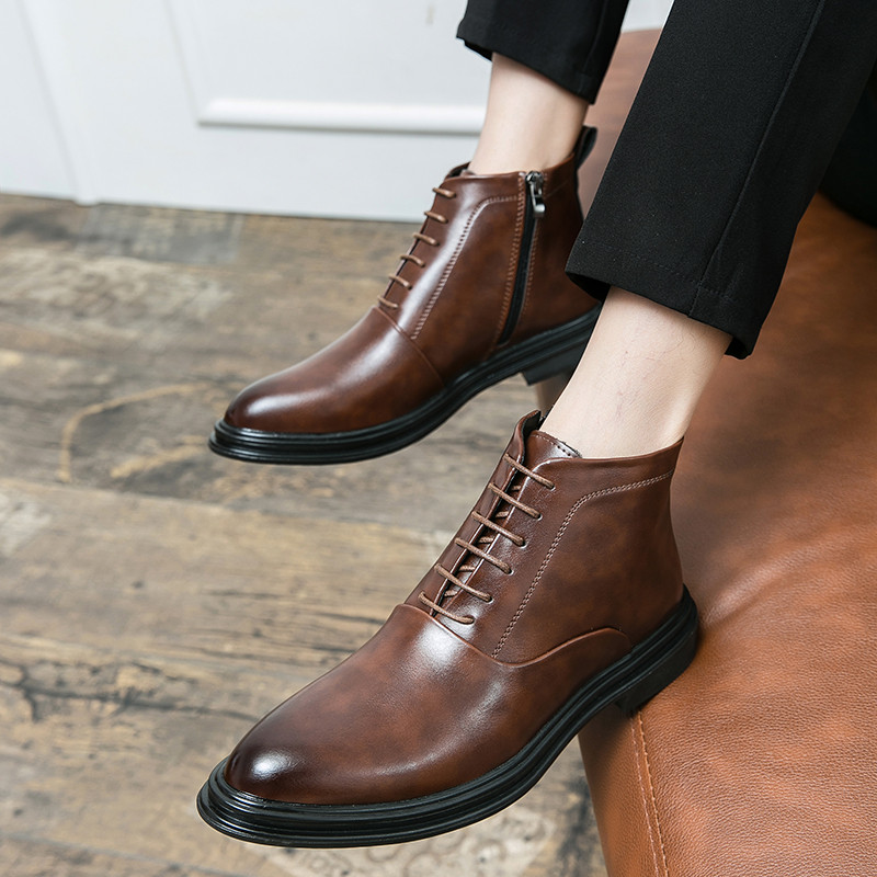 Cizme din piele pentru bărbați, cu fermoar și șireturi