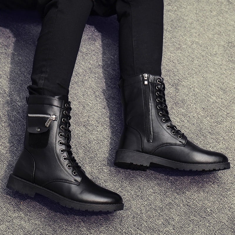 PU Δερμάτινες ανδρικές μπότες μοτοσικλέτας Ανδρικά στρατιωτικά παπούτσια κυνηγιού ιππασίας Φθινοπωρινές χειμερινές μπότες μέσης γάμπας Μπότες μάρκας σχεδιαστών