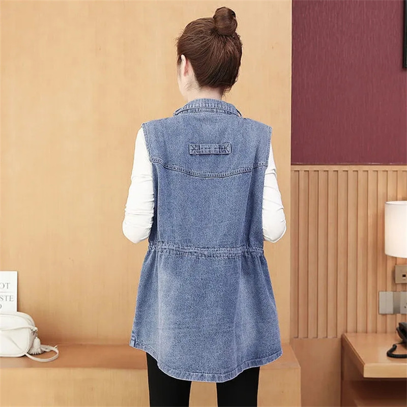 Moteriška džinsinė liemenė, 2023 m. Nauja pavasario ir rudens madinga vidutinio ilgio versija, moteriškas paltas be rankovių, moteriškas kaubojus
