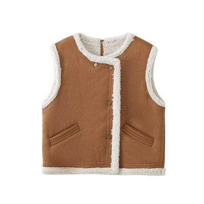TRAF Vestă caldă din păr artificial de miel pentru femei, la modă, fără mâneci, buzunare, veste groase, iarna 2023, veste elegante cu guler rotund