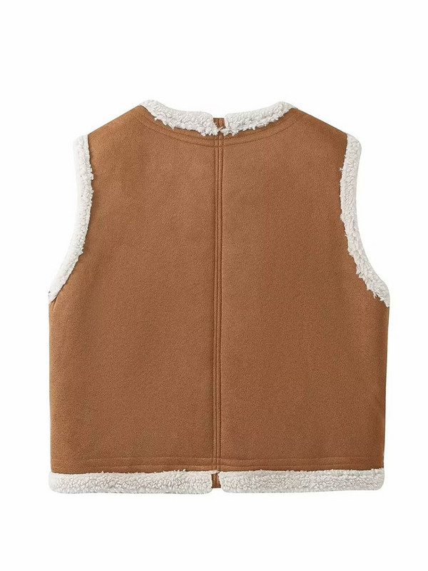 TRAF Teplá vesta z umelej jahňacej srsti, dámska móda, bez rukávov, vrecká, hrubé vesty, dámske zimné elegantné vesty s okrúhlym golierom 2023