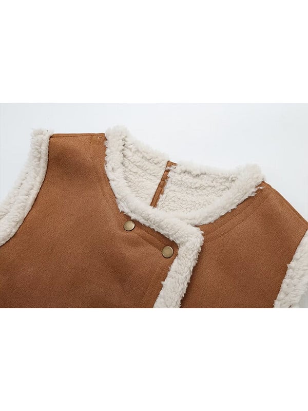 TRAF Teplá vesta z umelej jahňacej srsti, dámska móda, bez rukávov, vrecká, hrubé vesty, dámske zimné elegantné vesty s okrúhlym golierom 2023